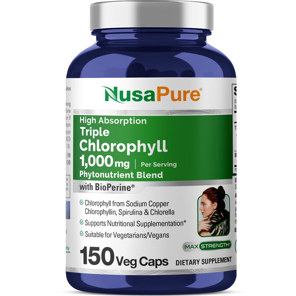 NusaPure vysoká absorpcia Triple Chlorofyl 1000 mg 150 Veg Caps Vhodné pre Vegetariánov a Veganov, non-GMO