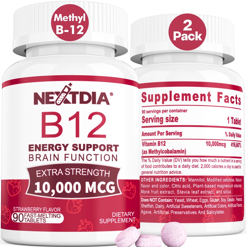 B12 Vitamíny 10 000 μg, Metylovaný vitamín B12 Sublingválne - Energy Boost, Focus, Metabolisation & Brain Health Support, Immune System Support, Fast Rozpustenie, Prírodné Jahodová príchuť, 180 Servis