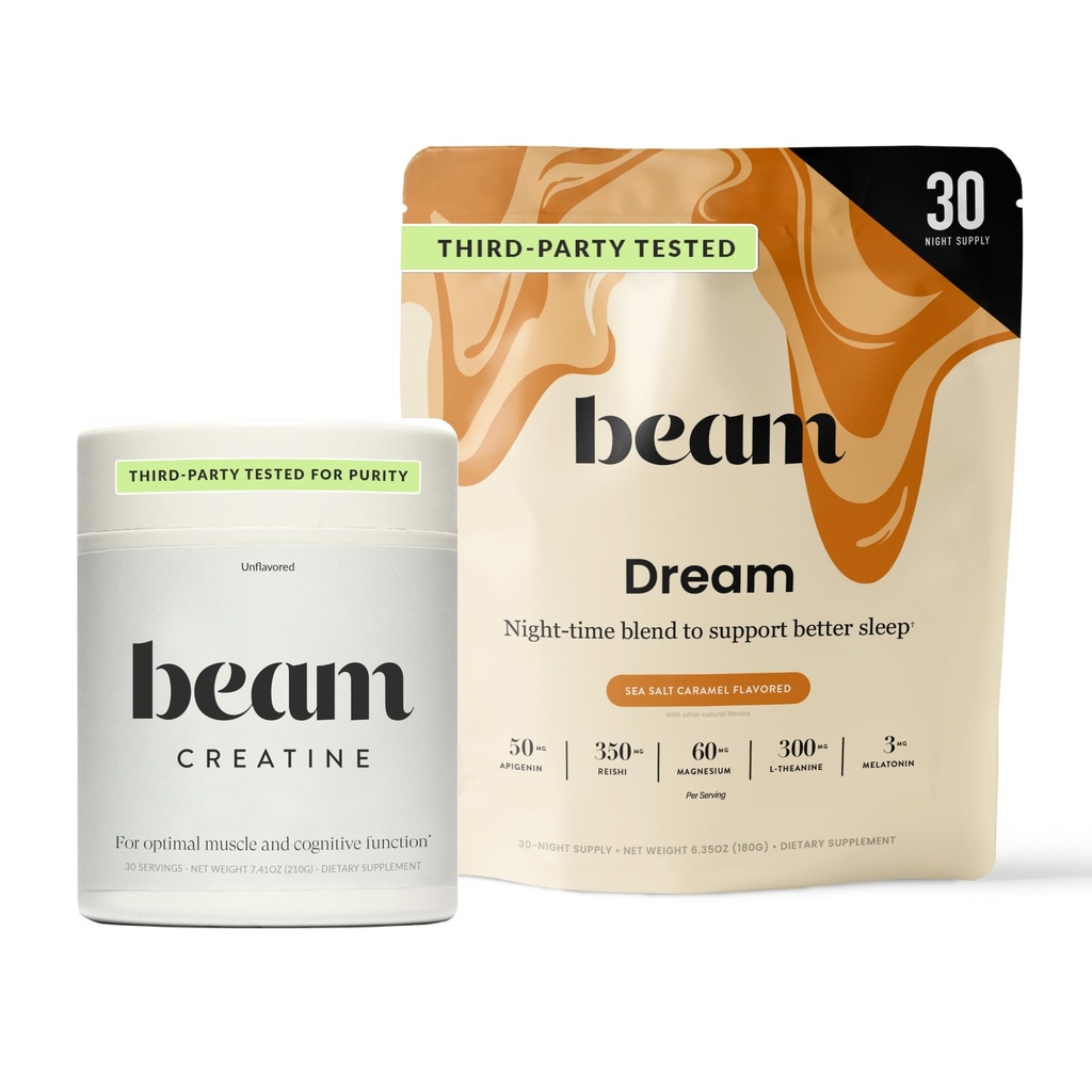 Beam Sleep Powder & Creatin Bundle, tretia strana testovaný prírodný spánok pomoc a zotavenie doplnok s mikronizovaným kreatín monohydrát, neochutený čistý kreatín prášok pre svalovú silu, energia