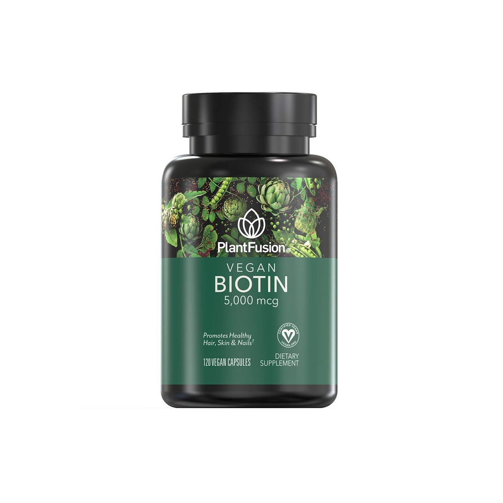 PlantFusion Vegan Biotin from, Premium Vegan Biotin for Women and Men (5000mcg), Natural Hair Skin and Nails Vitamíny, 120 Vegan Kapsule