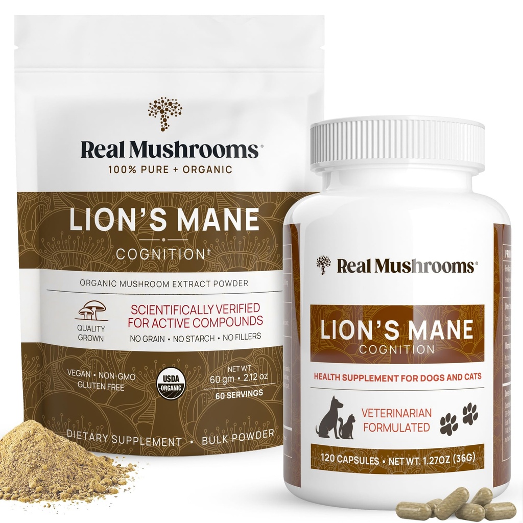Real Huby Lions Mane for Humans (60 Servings) a Domáce zvieratá (120ct) - prášok a kapsule Bundle od Cognition & Imunity - Vegan, Non-GMO, Gluten-free, Grain-Free Mushrom Extract Supplements
