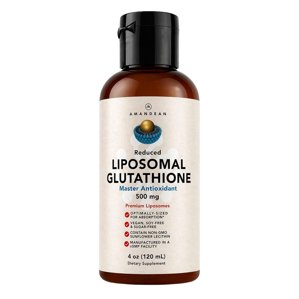 AMANDEAN Lipozomálne Glutatión doplnok. Liquid Reduced Setria 500mg. Imunitná podpora, zdravie mozgu, pečeň Detox, zdravie kože. Fosfatidylcholín z non-GMO slnečnicového lecitínu. Soy-Free & Vegan.