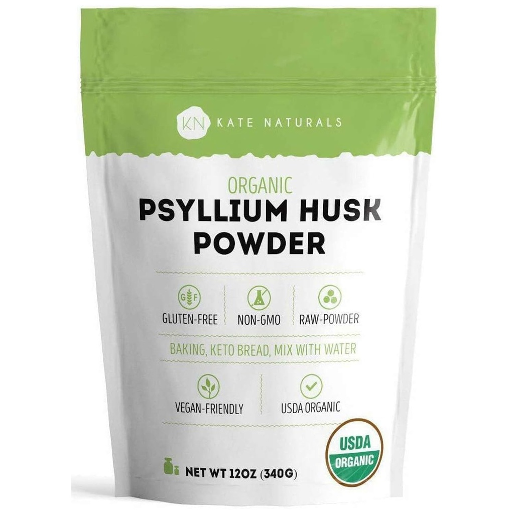 Kate Naturals Psyllium Husk Powder for Peaking, Fiber & Digestion. Psy a mačky (12oz, Organic, Gluten Free, Pet Sejf)
