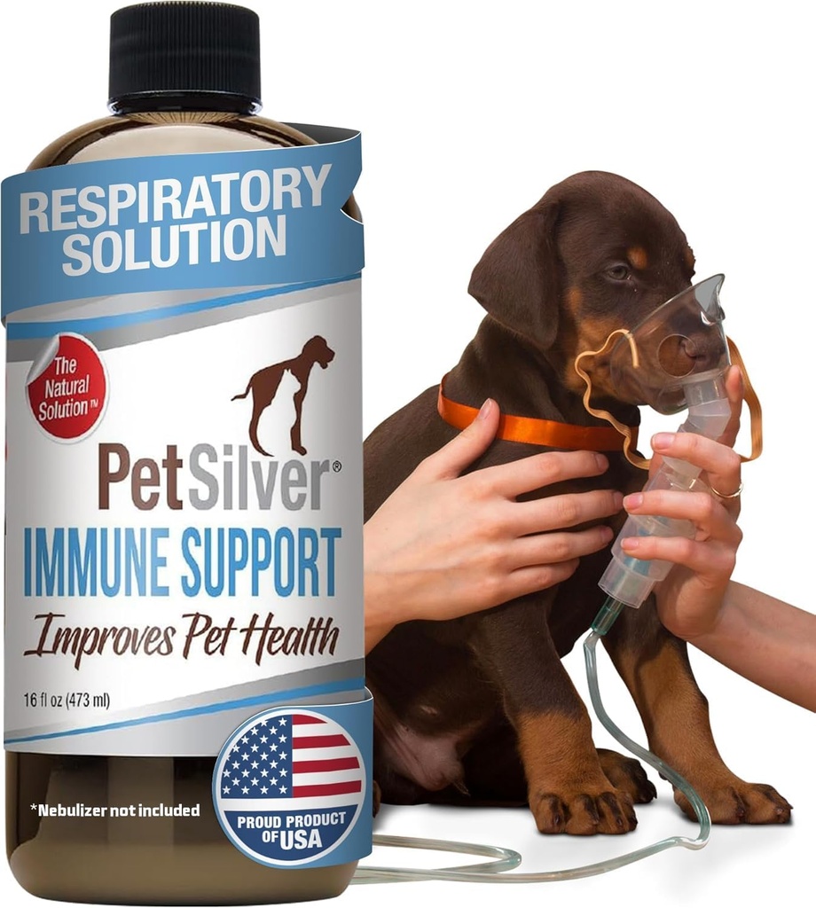 PetSilver Immune Support, Natural Nebulizer Solution, Podporuje respiračné zdravie u mačiek a psov, alergie, Sinus & Kašeľ liečba, jednoduché použitie, Patentované oneskorené striebro, vyrobené v USA, 16 fl oz