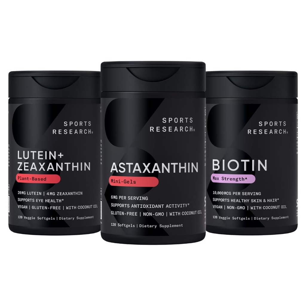 Športový výskum Biotín (B7) 10 000mcg + lutein + Zeaxantín (20mg) + Astaxantín doplnok z Algae (6mg) - All Vegan 