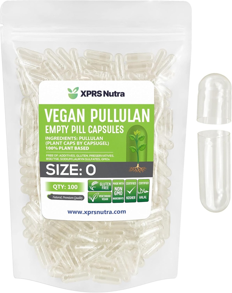 XPRS Nutra Size 0 Pullulan Empty Capsules - 100 Count Clean Label Plantcaps Clear Empty Vegan Capsules - Premium Vegetarian Pills - Do-It-Yourself Vegetable Capsule Filling