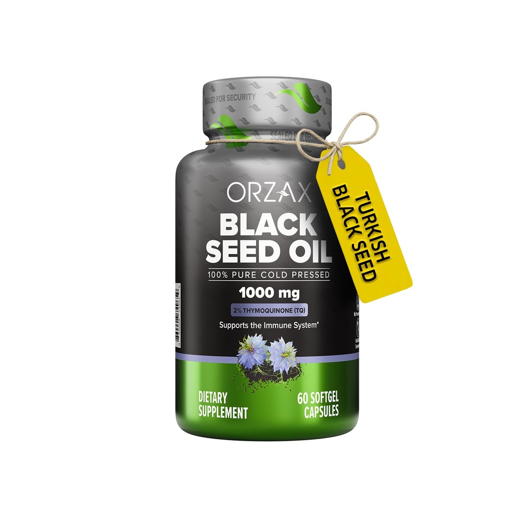 ORZAX 1000 mg Black Seed Oil Organic Cold Pressed Kapsule s 20mg Thymochinón pre Immune Support, Good Hair, Skin, and Joints (60 Soft Gel Capsules)