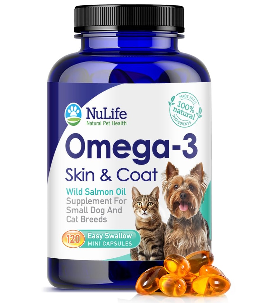 Omega 3 Fish Oil pre malé psy a mačky - Pet Fish Oil Supplement with DHA & EPA Mastné kyseliny pre zdravú pokožku a pleť - Zlepšuje lepenie a relieves suché, svrbenie kože - 500mg - 120 Kapsule