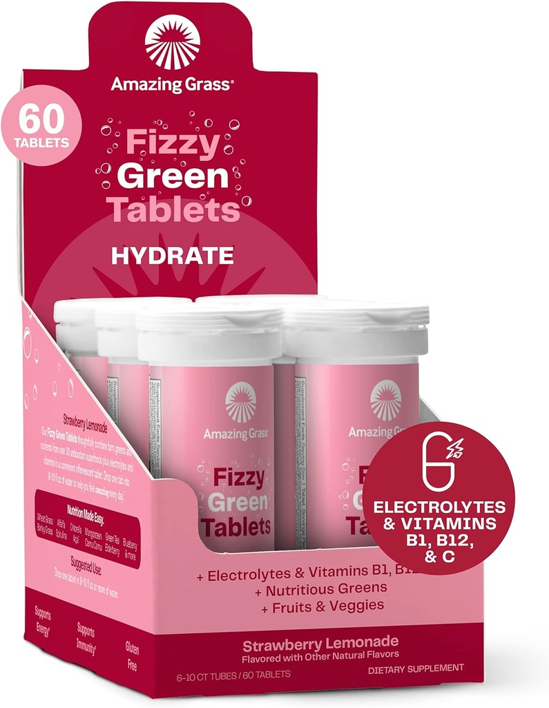 Amazing Grass Electrolyte Tablety, Fizzy Greens Tableta na ochutenú vodu s vitamínmi, hydratovaná jahodová citrónová limonáda, 10 grófov (packing May Vary)