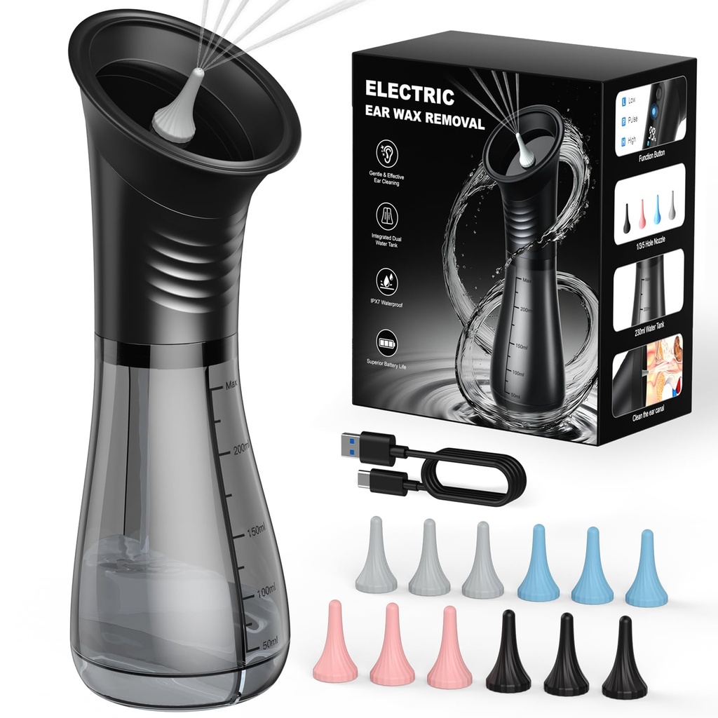 Ear Wax Removal, Electric Ear Cleaner with LED Display, FSA-HSA-Eligible, Ear Irrigation Kit with Dual Tank Includes 12 Tips, IPX7, Safe & Effective Cleaning for Adults & Kids, Easy to Use