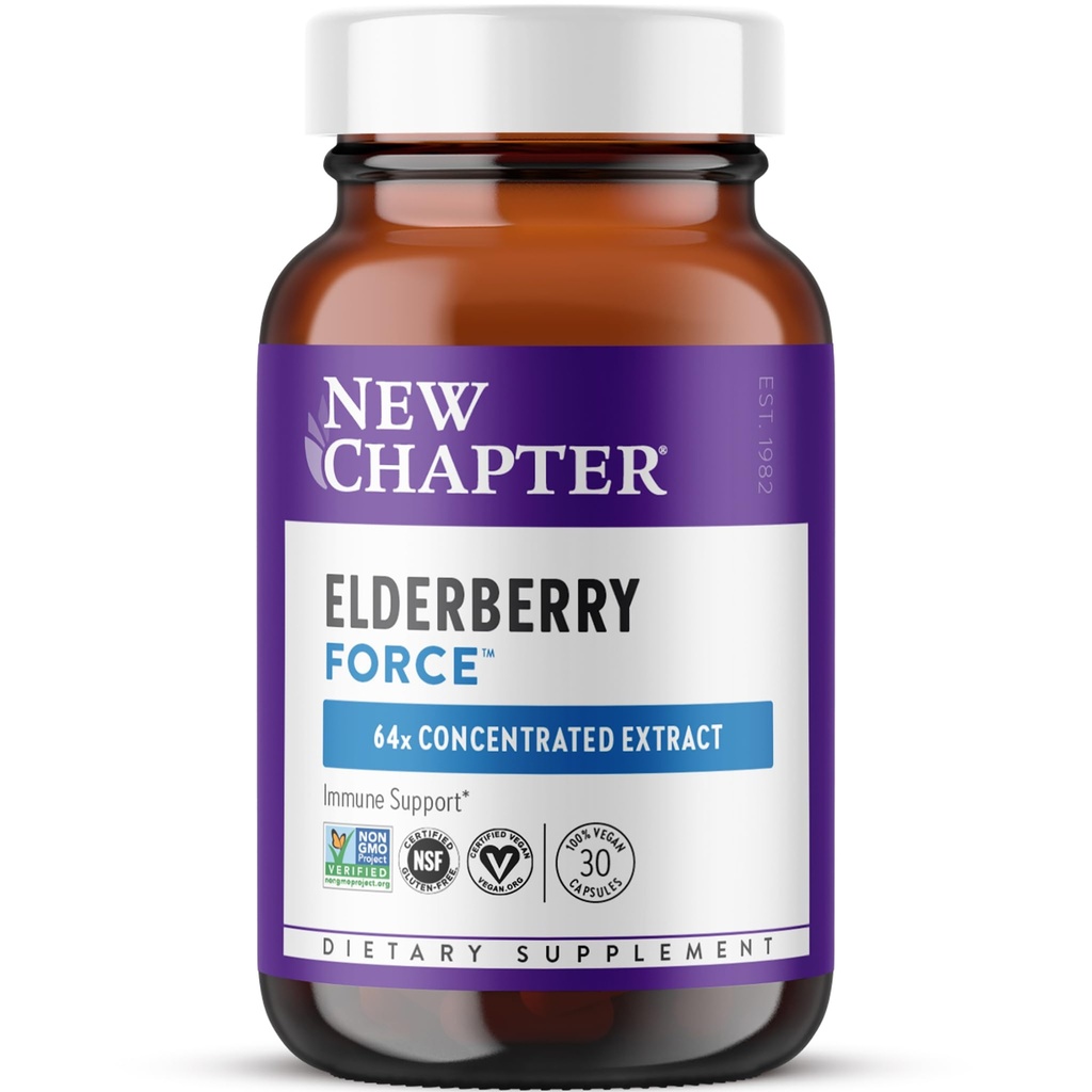 Nová kapitola Vegan Elderberry Kapsule s 64x Concentrated Black Elderberry + Black Currant pre komplexnú imunitnú podporu, Non-GMO projekt Overené, Gluten Free, Certified Vegan, 30 Count