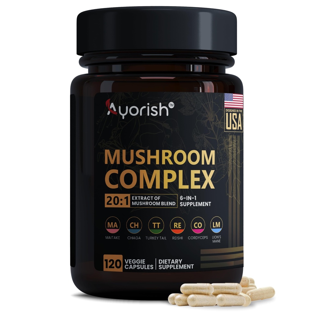 Lions Mane 6 in1 Mushroom Supplement with Turkey Tail Reishi Cordyceps Chaga Maitake Meshima Poria Cocos Shiitake Oyster Porcini Enoki 120 Count