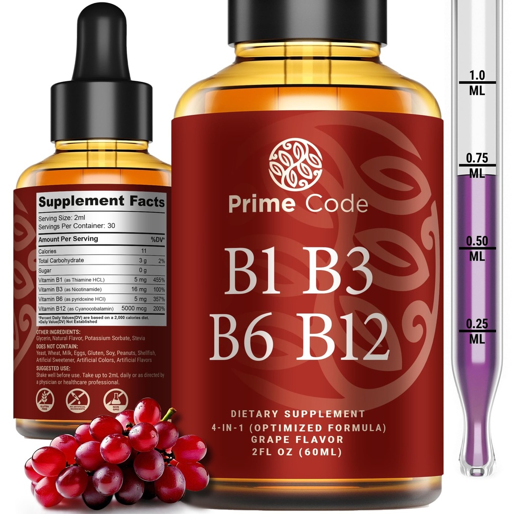 Prime Code Tekutý vitamín B1 kvapky s vitamínom B3 B6 & B12 