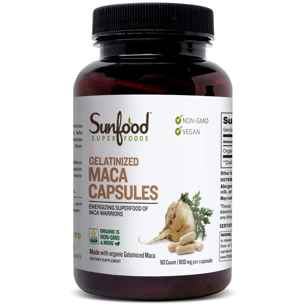 Sunfood Superfoods Gelatinized Maca Capsules - Maca Root Capsules for Women & Men, Maca Supplement, Organic Peruvian Maca Powder Pills, 800 mg Per Capsule - 90 Capsules