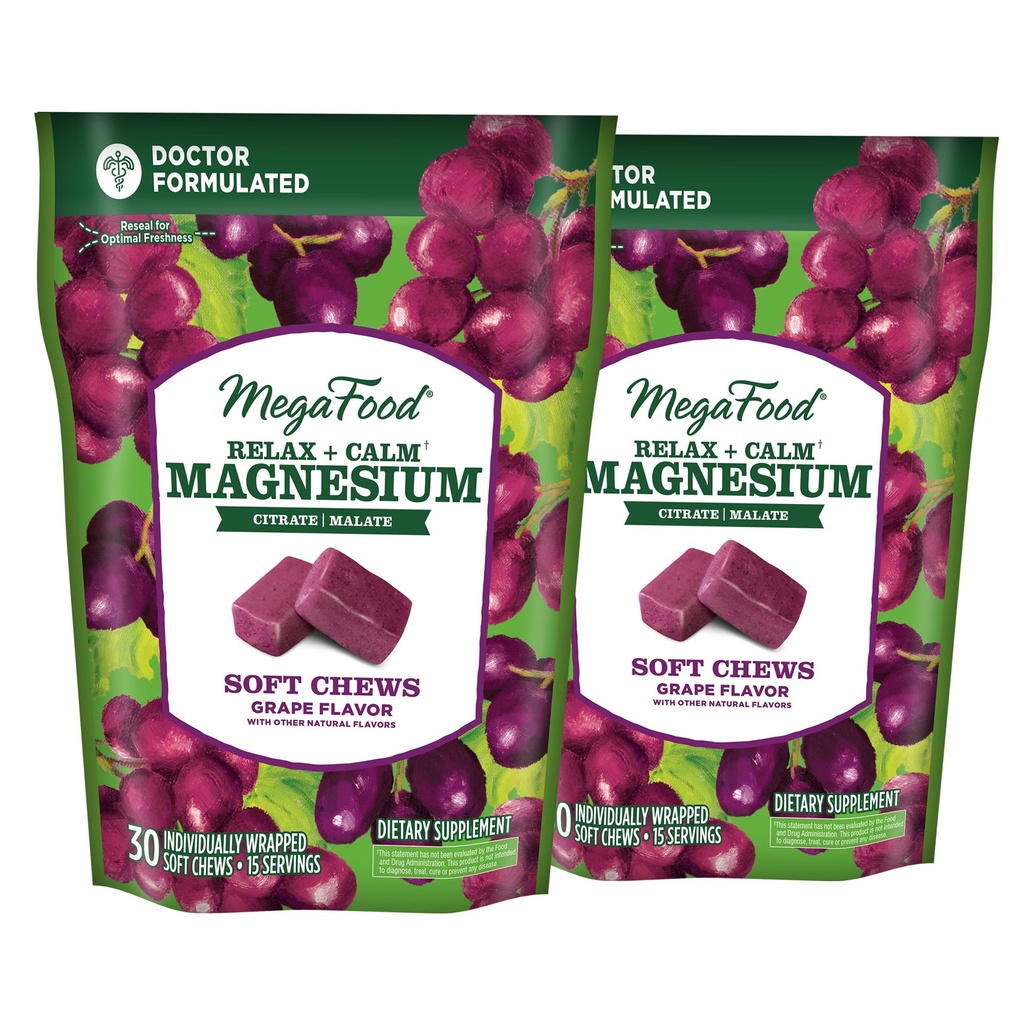 MegaFood Relax + Calm Magnesium Supplement -Soft Chews with Magnesium Citrate & Magnesium Malate - Grape-Flavor - Dr Formulated - Vegetarian - Without 9 Food Allergens - 30 Chews (Pack of 2)
