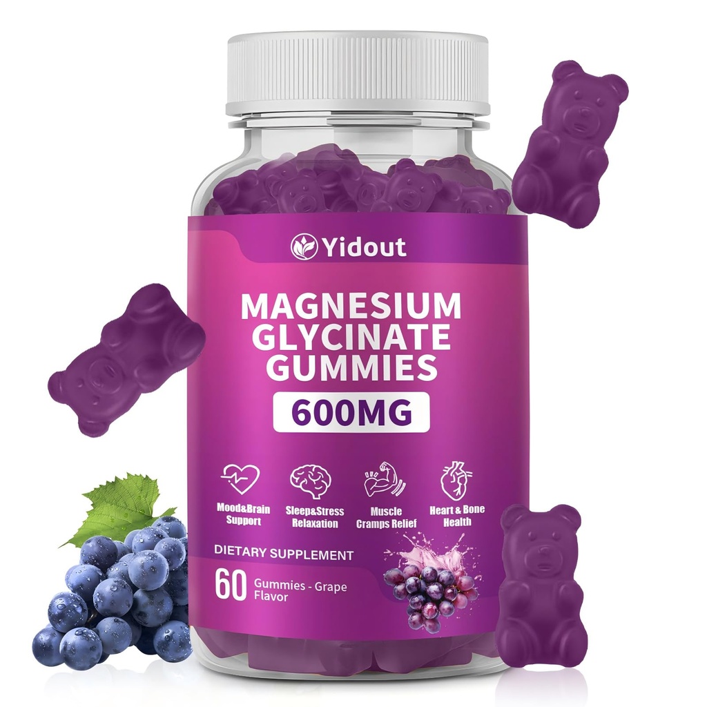 600mg Magnesium Glycinate Gummies, High Absorption Mineral Chews for Adults & Kids, 60 Count