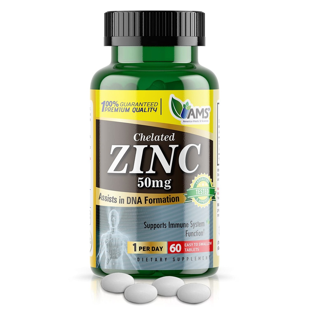 America Medic & Science Pridružený zinok 50 mg Doplnky (1 balenie po 60 tabliet) Imunitné posilňovacie a výkonné antioxidačné pilulky pre dospelých Muži a ženy 