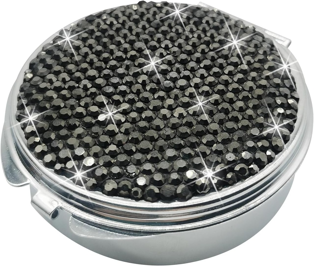 Bling pilulky Prípad pre Purse Medicine Vitamín Kontajner držiak vreckový pilulka prípad Round Medicine Organizátor pre vitamín / Fish Oleje / Dopplementment Travel Medicine Kit (3 Kompartment Black)