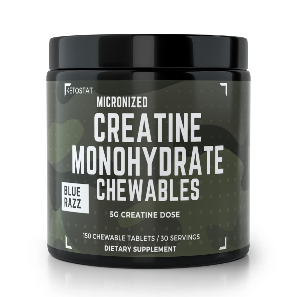 Ketostat Creatine Chews 5G 150ct 30 Day Supply, Micronized Monohydrate | Sour Razz flavor tablet, chewable format, for women and men, gym routine, on-the-go dose, no water needed, workout companion