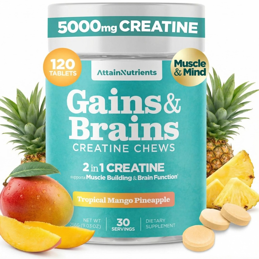 Creatine Chews - 5000mg Creatine Monohydrate Tablets for Men & Women with Ashwagandha KSM-66 - Low Sugar Muscle Support & Cognitive Boost - Gummy Alternative - 120 Count (Tropical Mango)
