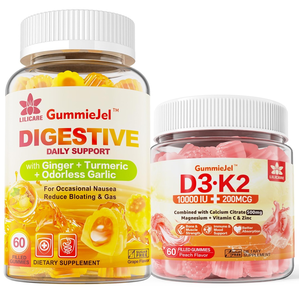 Vitamín D3 K2 naplnené tampóny 5000 IU / 10 000 IU s 500 mg vápnika, citrát horečnatý, vitamín C a zázvor žuvačky Supplement Gumies for Nauzea, Žalúdočná úľava