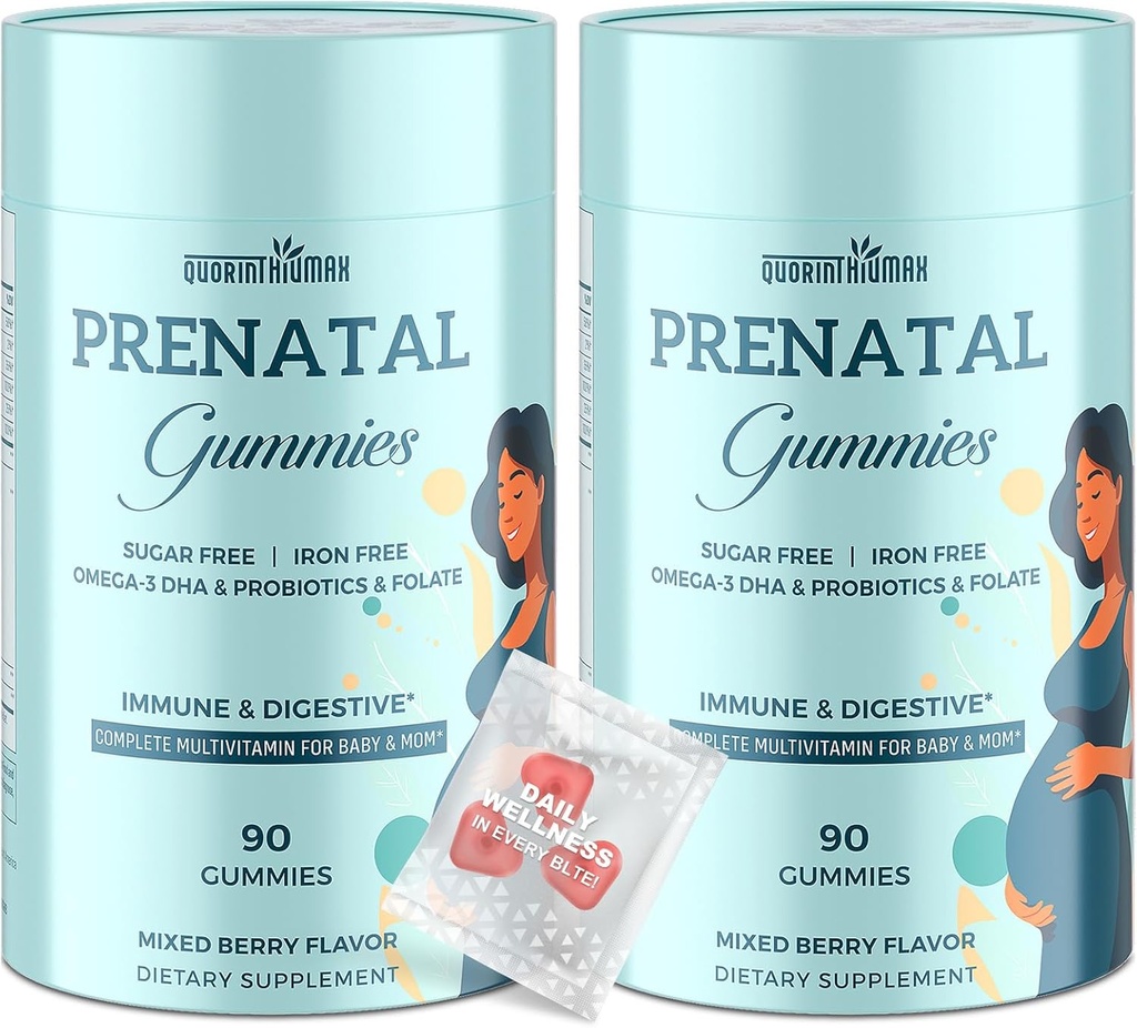 Prenatálne Gummies Cukor Bez obsahu 180 - Organics Prenatálne vitamíny pre ženy s folátom, DHA a probiotiká - Prenatálne vitamínové Gummy bez obsahu železa pre imunitné a tráviace - 2 fľaše