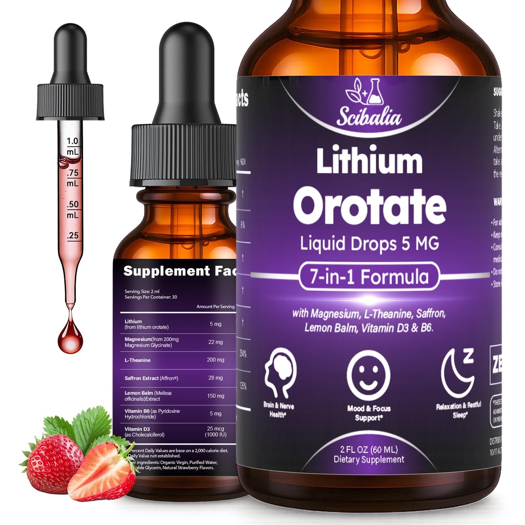 Lithium Orotate Liquid Drops 5mg, 7-in-1 Potency Trace Mineral Lithium Supplements for Cognitive Mood Memory & Brain Health, High Bioavailability Lithium-Orotate Formula Vegan Non-GMO