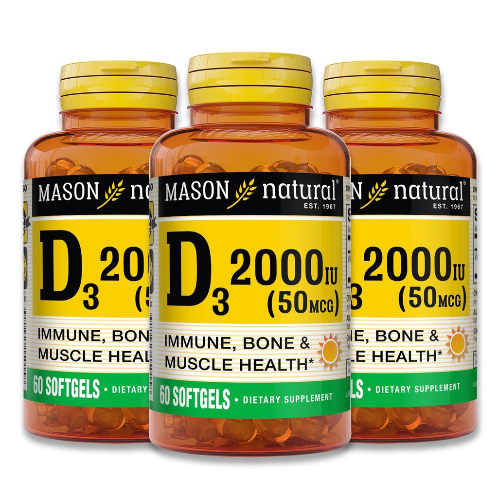 MASON NATURAL Vitamin D3 2000 IU Ultra Strength, 180 Day Supply | 50mcg (2000 IU) D3 from fish liver oil to support calcium absorption, strong bones, teeth & immune function; 180 softgels