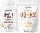 Micro Ingrediencie Vitamín D3 5,000iu + K2 100mcg Softgels & Lions Mane Supplement 240 Veggie Kapsule Bundle 2 Pack 