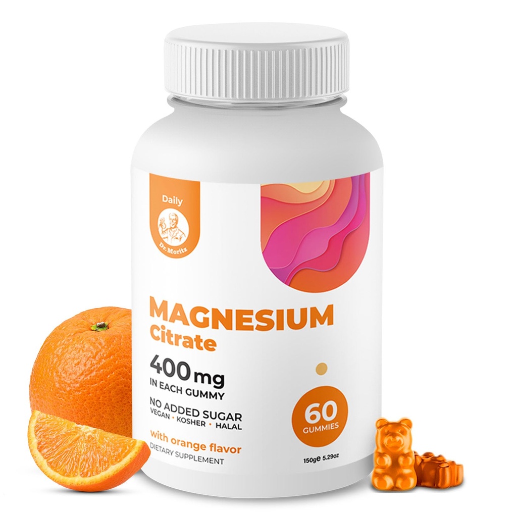 DR. MORITZ Magnesium Citrate Gummies Sugar-Free - Calm Magnesium Gummies Supplement for Children, Sugar-Free Chews for Kids & Adults, 400 MG (Orange Flavor - 60 Count)