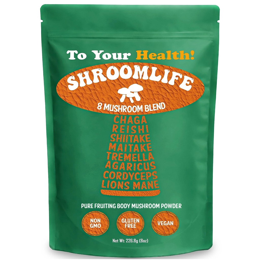 ShroomLife 8 Functional Mushroom Powder Blend | 100% Fruiting Body Mushroom Extract • 100 Servings • Lion's Mane, Reishi, Cordyceps, Chaga, Shiitake, & More