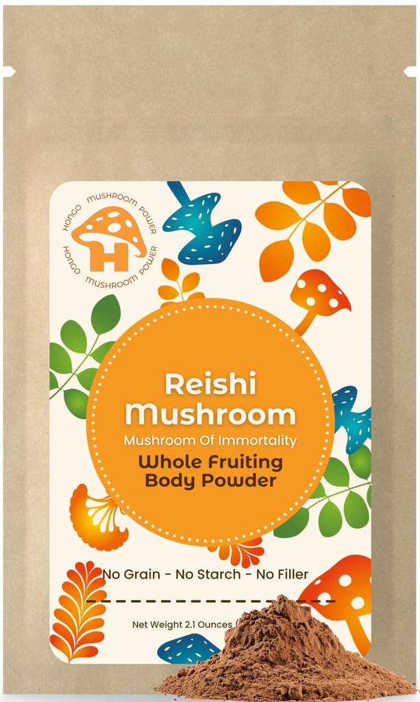 Hongo Mushroom Powder - Premium Reishi Powder - 100% Fruiting Body Reishi Mushroom Powder for Immune Support, Longevity, Mood, & Sleep - Vegan Mushroom - 60 Grms Includes 1 Grm Scoop