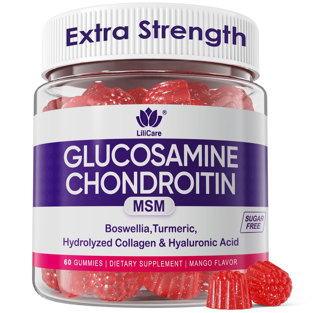 Glukozamín Chondroitín Gummies, Bezcukrový Glukozamín Chondroitín MSM Supplement, Extra sila s Boswellia Turmerica, Hydrolyzovaný kolagén a kyselina hyalurónová, zdravie kostí pre mužov a ženy, 60 Cts