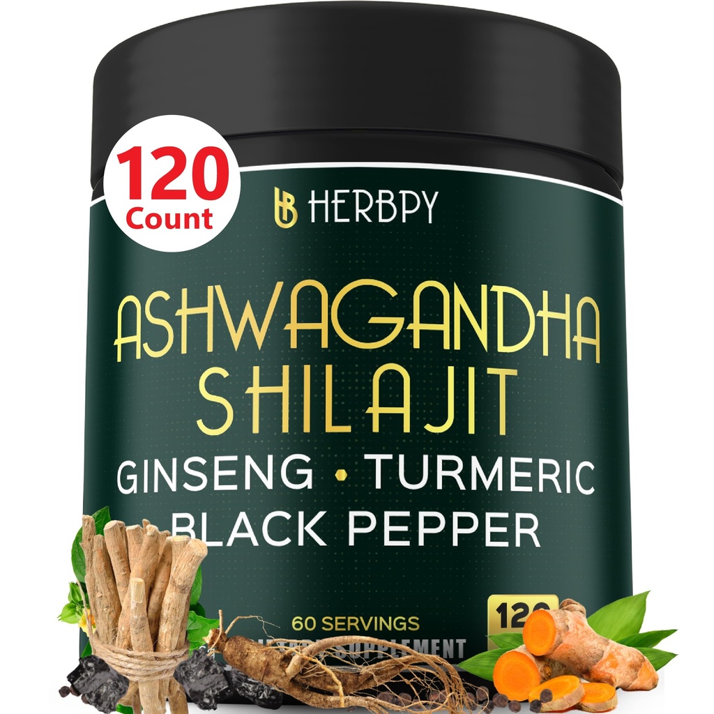 5in1 Ashwagandha Extra sila s Shilajit pre vytrvalosť, Energy & Relaxation Support - Plus ženšen, Turmeric Root & Black Pepper - 120 Počet