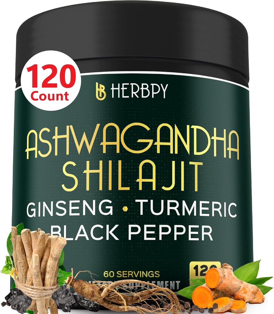5in1 Ashwagandha Extra sila s Shilajit pre vytrvalosť, Energy & Relaxation Support - Plus ženšen, Turmeric Root & Black Pepper - 120 Počet