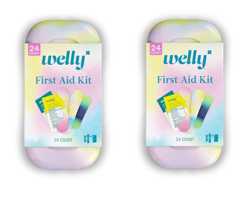 Welly Quick Fix Colorwash, On The Go First Aid Kit, Assorted Bandages, Ointments, and Hand Sanitizer, Tie Dye Patterns, 2 Pack