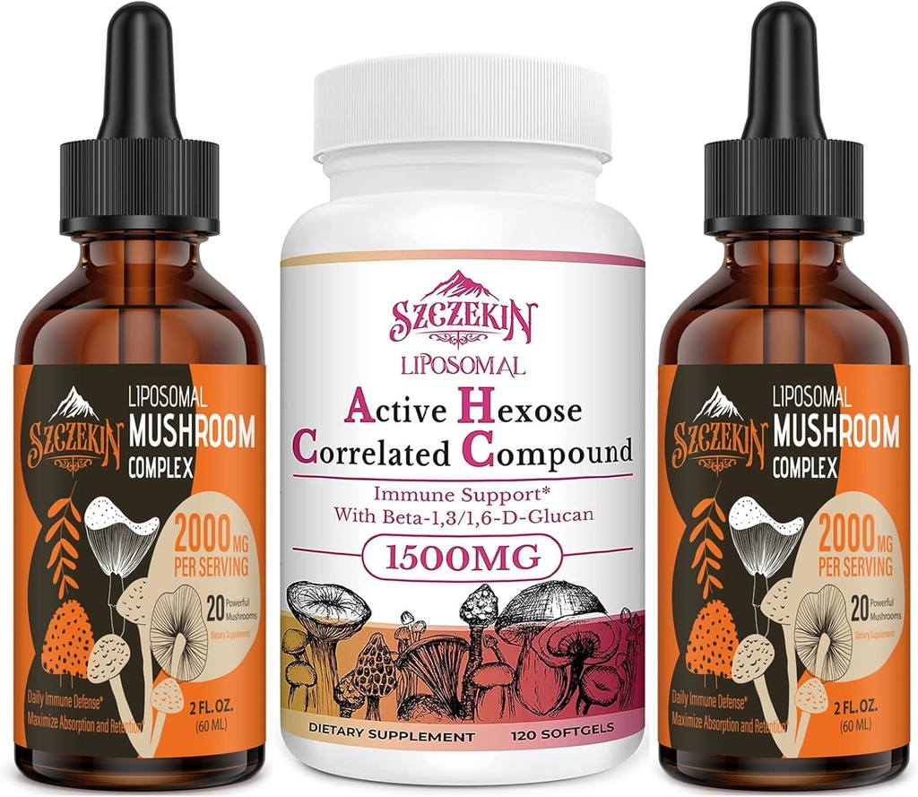 1500 MG Lipozomálny aktívny hexosum Correlated Supplement 120 SoftGels Bundle s 2000 MG Lipozomálny Mushrom Complex kvapky 60 Servings