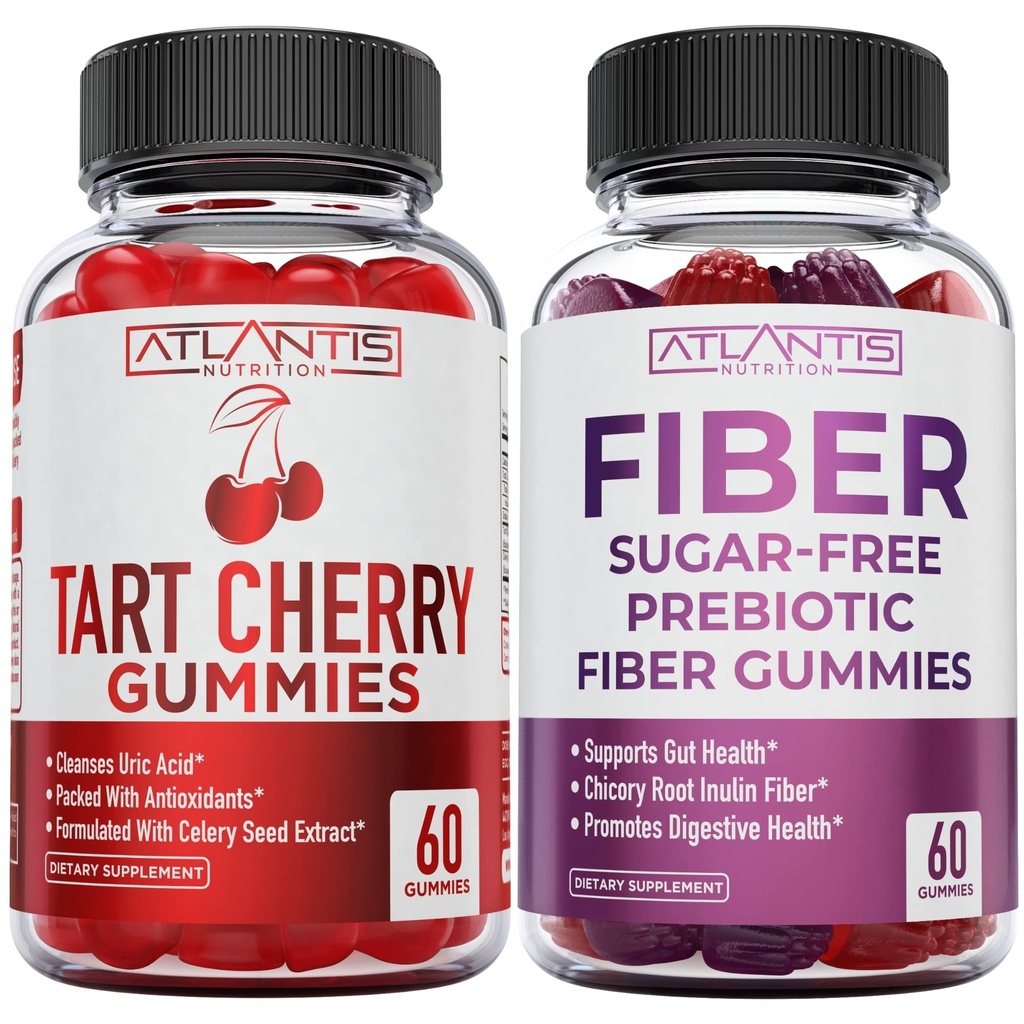 Atlantis Nutrition Tart Cherry 60 Gummies + bez cukru Prebiotické Fiber Gummies pre dospelých 2-Pack (120 Gummies)