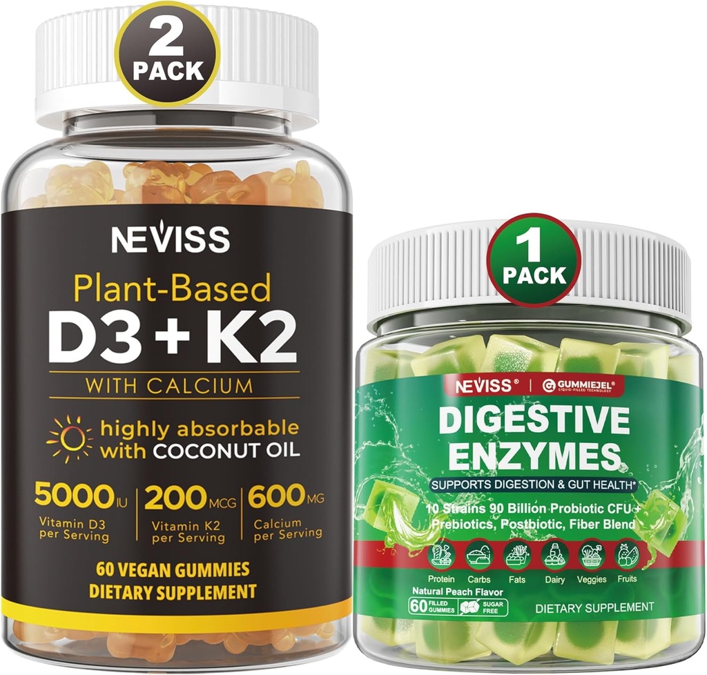 NEVISS Vitamín D3 5000iu & K2, kalciové Gumičky a tráviace enzýmy