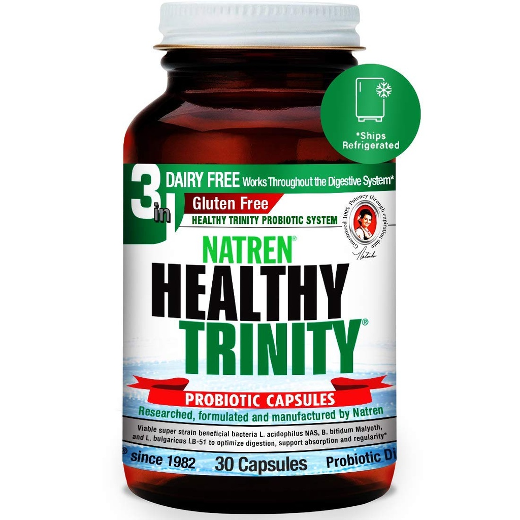 Natren Healthy Trinity Probiotiká Supplement - 30 Dairy and Gluten Free Gel Capsules - Improve Gut and Digestive Health, 30 miliárd CFU - Lactobacillus Acidophilus, Bifidobacterium, Bulgaricus