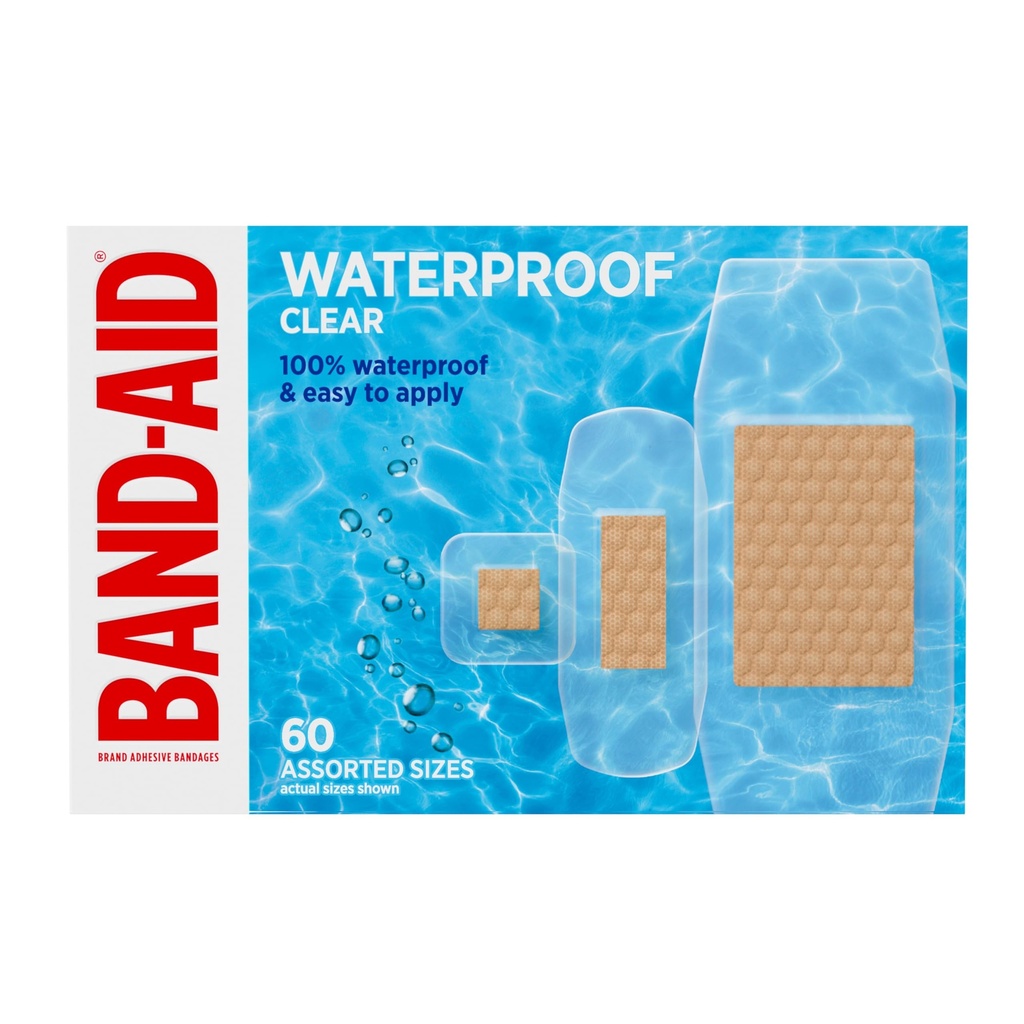 BAND-AID Brand Clear Waterproof Adhesive Bandages, Assorted Sizes, 60 Count | 100% Waterproof Protection, Sterile Wound Care for Minor Cuts, Scrapes & Burns, First Aid Kit Essential, Clear Design