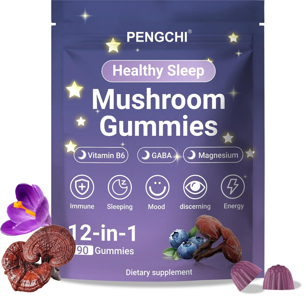 PENGCHI Mushroom Sleep Gummies - for Adult | Reishi, Saffron, Vitamin B6, Magnesium, Passionflower, GABA & Chamomile - Calm & Relaxation Support, Restful Sleep & Nighttime Routine, 90 Counts