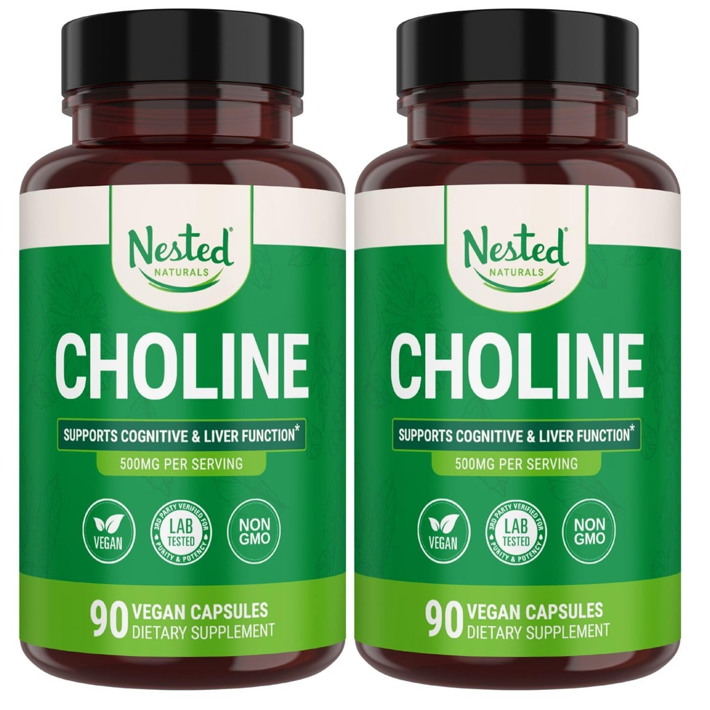Nested Naturals Choline bitartrate 500mg - High Potency Choline Doplnky - Podporuje Materské a fetálne zdravie počas tehotenstva* - 100% Vegan & Non-GMO - 2-Pack (180 Vegan Kapsule)