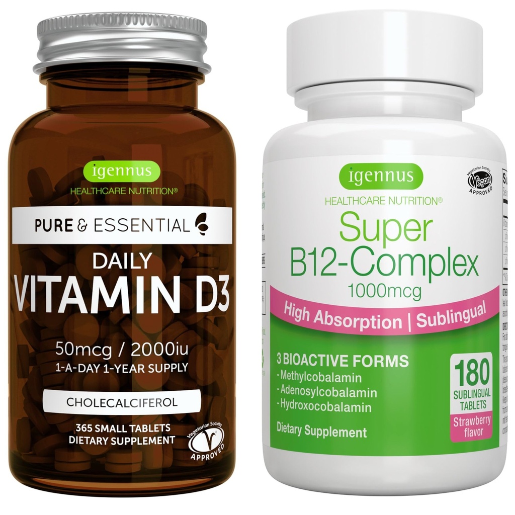 Denné vitamíny D3 + Super B12 Complex, Vegetariánska žľaba, 365 2000iu vitamín D3 tablety + vysoká absorpcia Sublingválna B12, Igennus