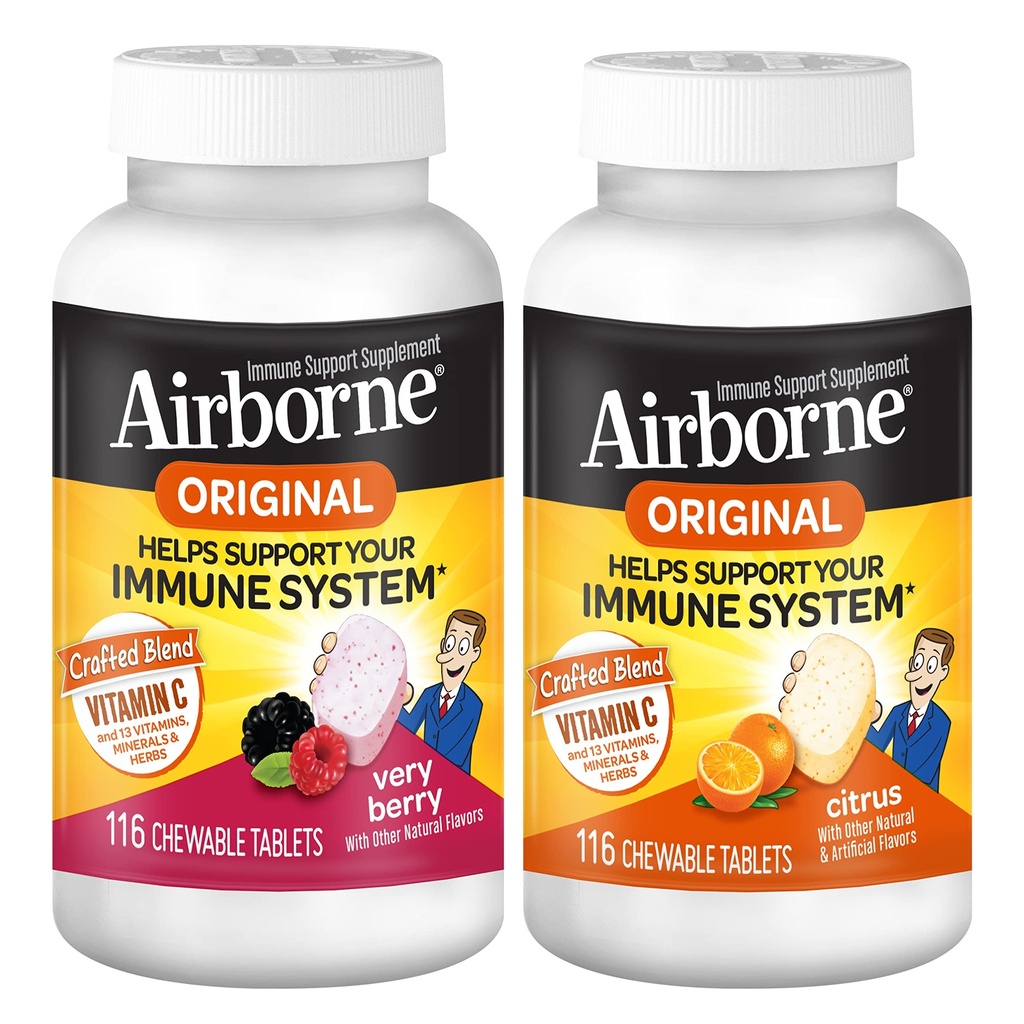 Airborne 1000mg Vitamín C Žuvacie tablety Citrus & Very Berry Flavor Bundle - Immune Suplement with Zinc and Výkonný Antioxidant Vitamíny A & E, (2x116ct fľaše)