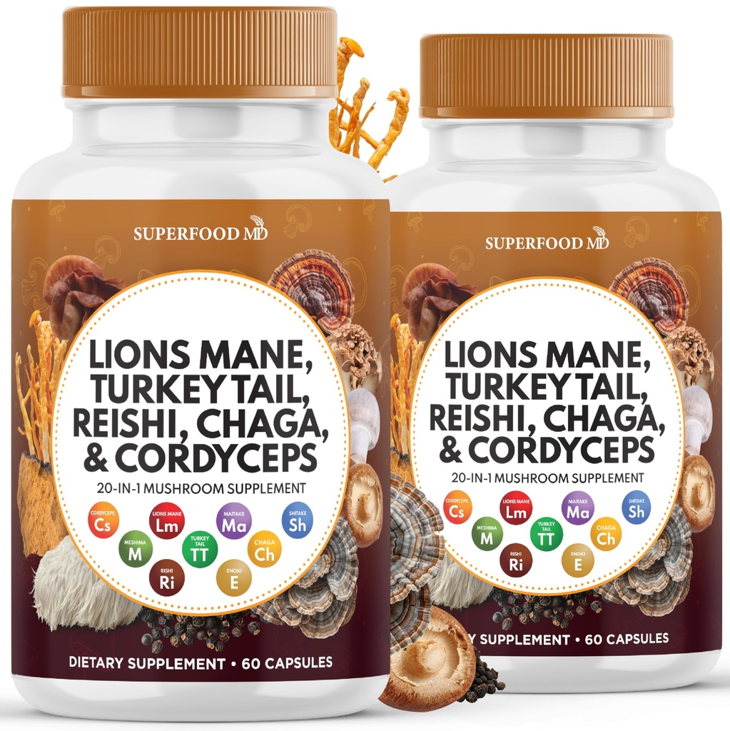 Lion Mane Huba Supplement with Turkey Tail Reishi Cordyceps Chaga with Marshmallow Root - 120 Count