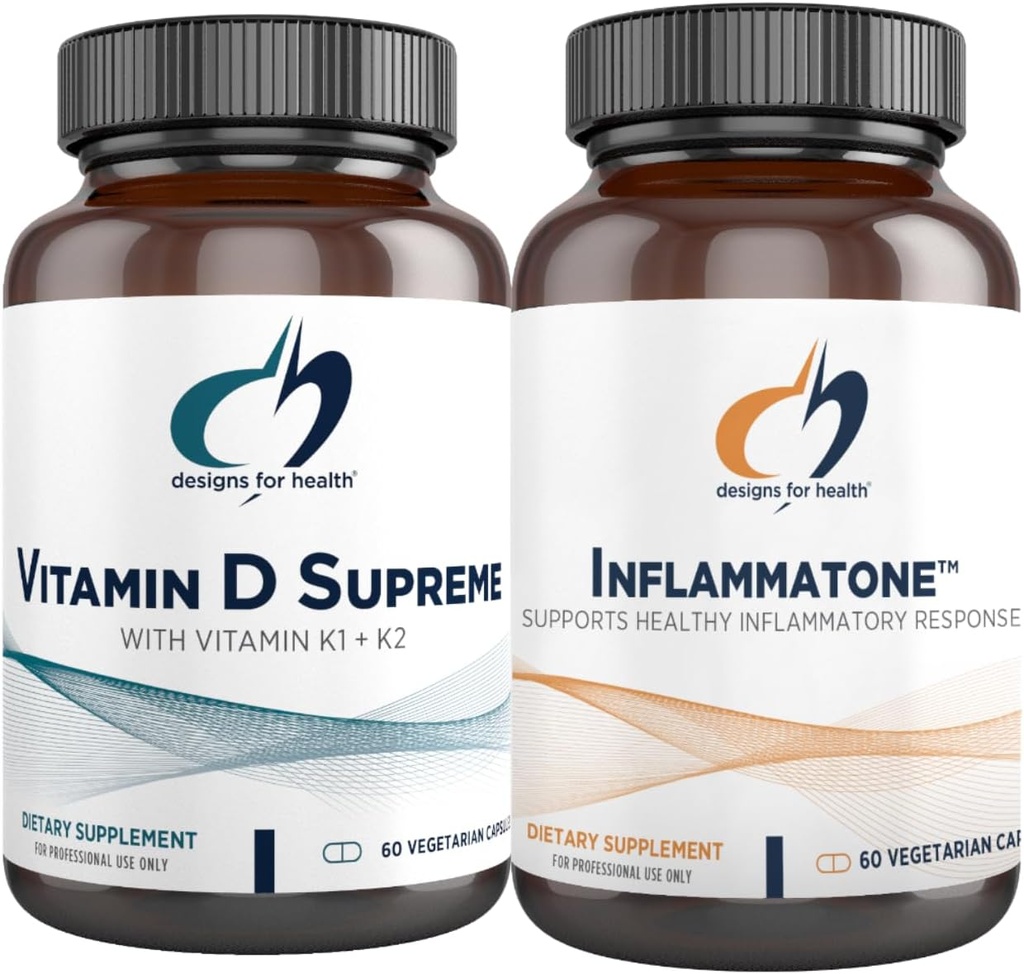 Dizajn pre zdravie Vitamín D Supreme + Inflammatone Bundle - Vitamín D3 5000 IU + 2000mcg Vitamín K s enzýmovou Botanickou zmesou na podporu zdravej zápalovej reakcie - 2 produkty
