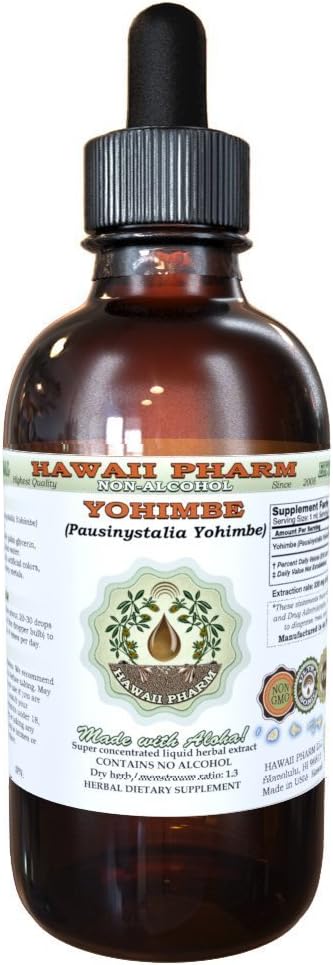 Hawaii Pharm Yohimbe Alcohol-Free Liquid Extract, Yohimbe Liquid (Pausinystalia Yohimbe) Dried Bark Glycerite Natural Herbal Supplement, USA 4 fl.oz