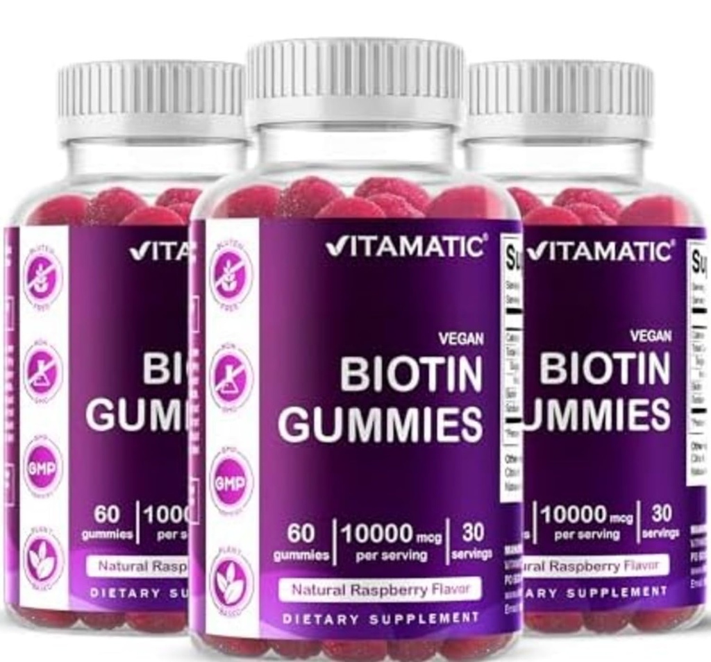 Vitamatic Biotin Gummies 10 000 μg pre silnejšie vlasy, kožu a nechty - 60 Vegan Gummies - tiež nazývaný vitamín B7 (3 fľaše)