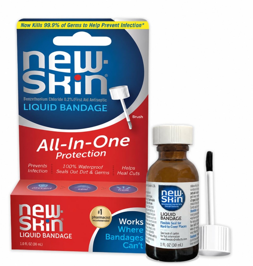 New-Skin Liquid Bandage, Waterproof for Scrapes and Minor Cuts, 1 Fl Oz | Antiseptic waterproof liquid bandage dries quickly, clear and protects cuts, blisters, hangnails, calluses and cracked skin.